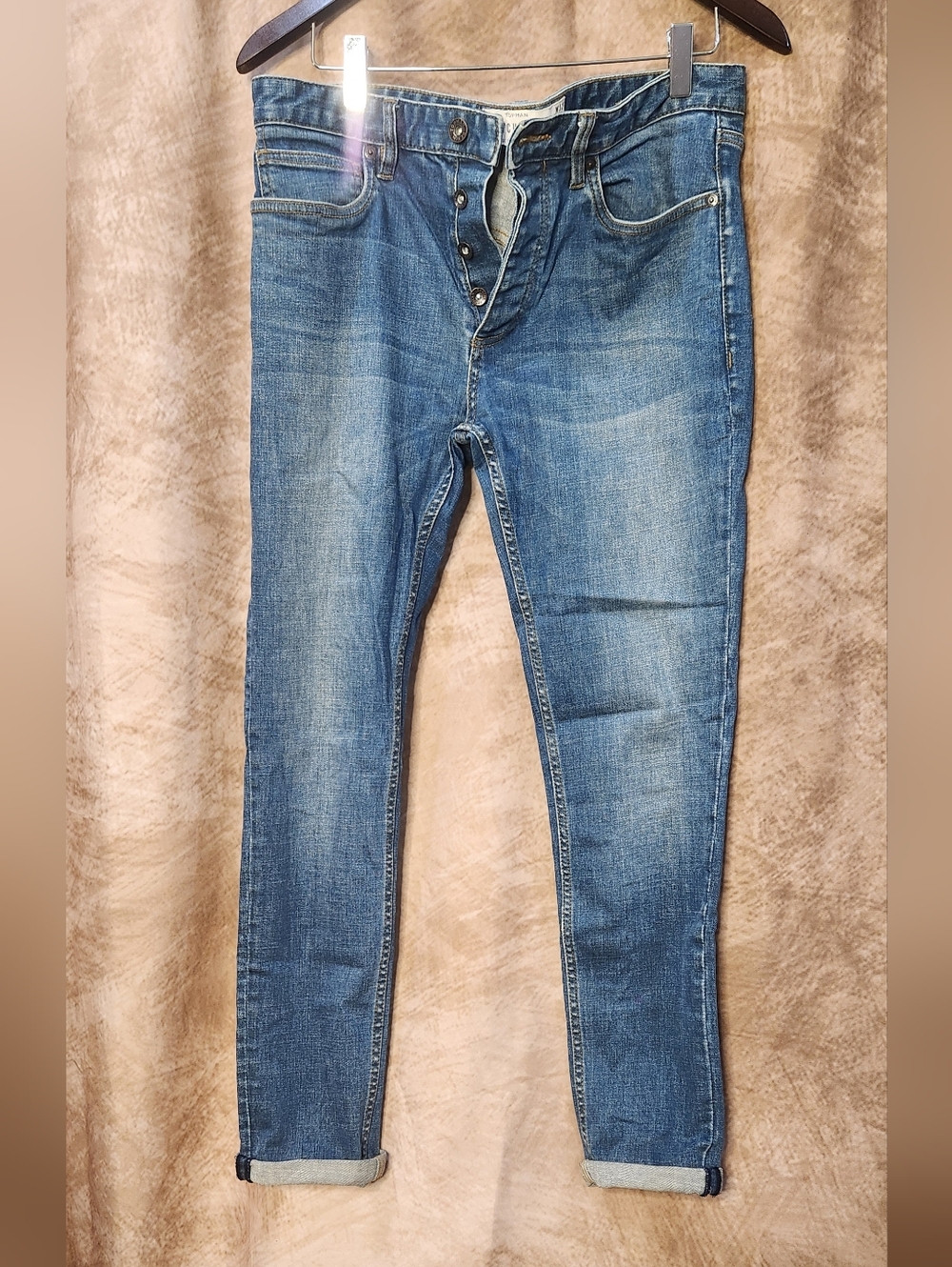 Topman Stretch Skinny Jeans – Men’s W32 L30 – Medium Wash Button Fly Denim